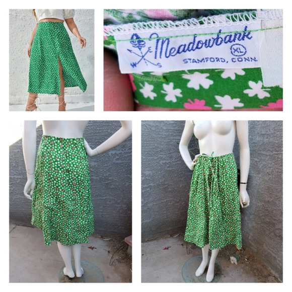 Meadowbank Floral Green Floral Flowers‎ A Line Vtg 70s 80s - Picture 1 of 12